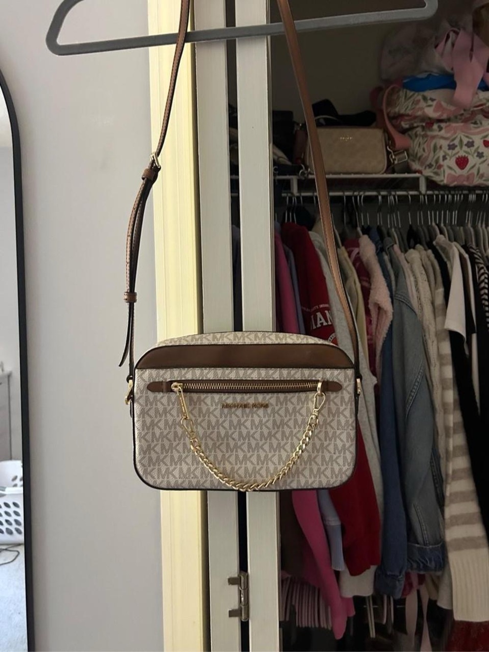 Michael Kors Beige and Brown Signature Crossbody with Gold Chain